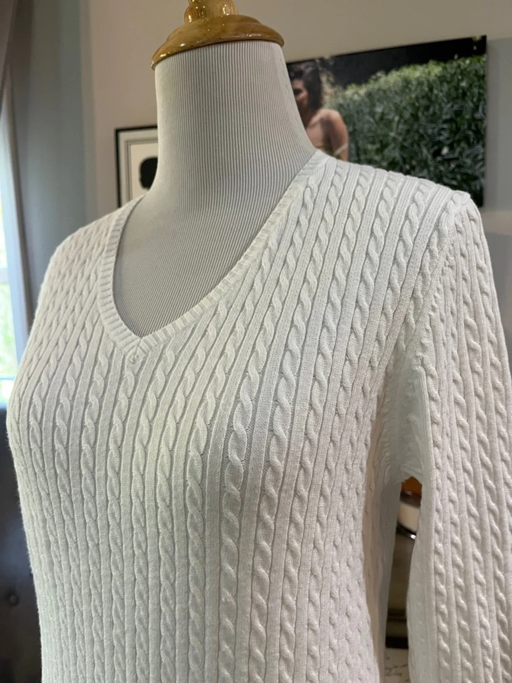 LL BEAN LIGHTWEIGHT THREE QUARTER SLEEVE CABLE KNIT V NECK SWEATER WHITE SIZE S